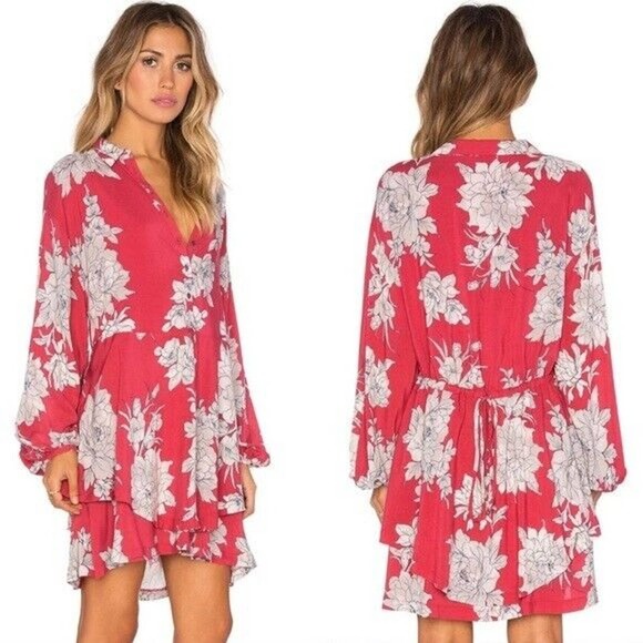 Free People Dresses & Skirts - Free People Women's Floral Print Shake It Dress Tie Waist Red/White Size XS